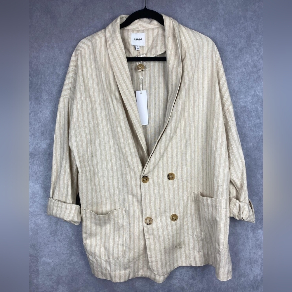 GILLI Linen Blend Striped Double Breasted Blazer Jacket Women's Size Large